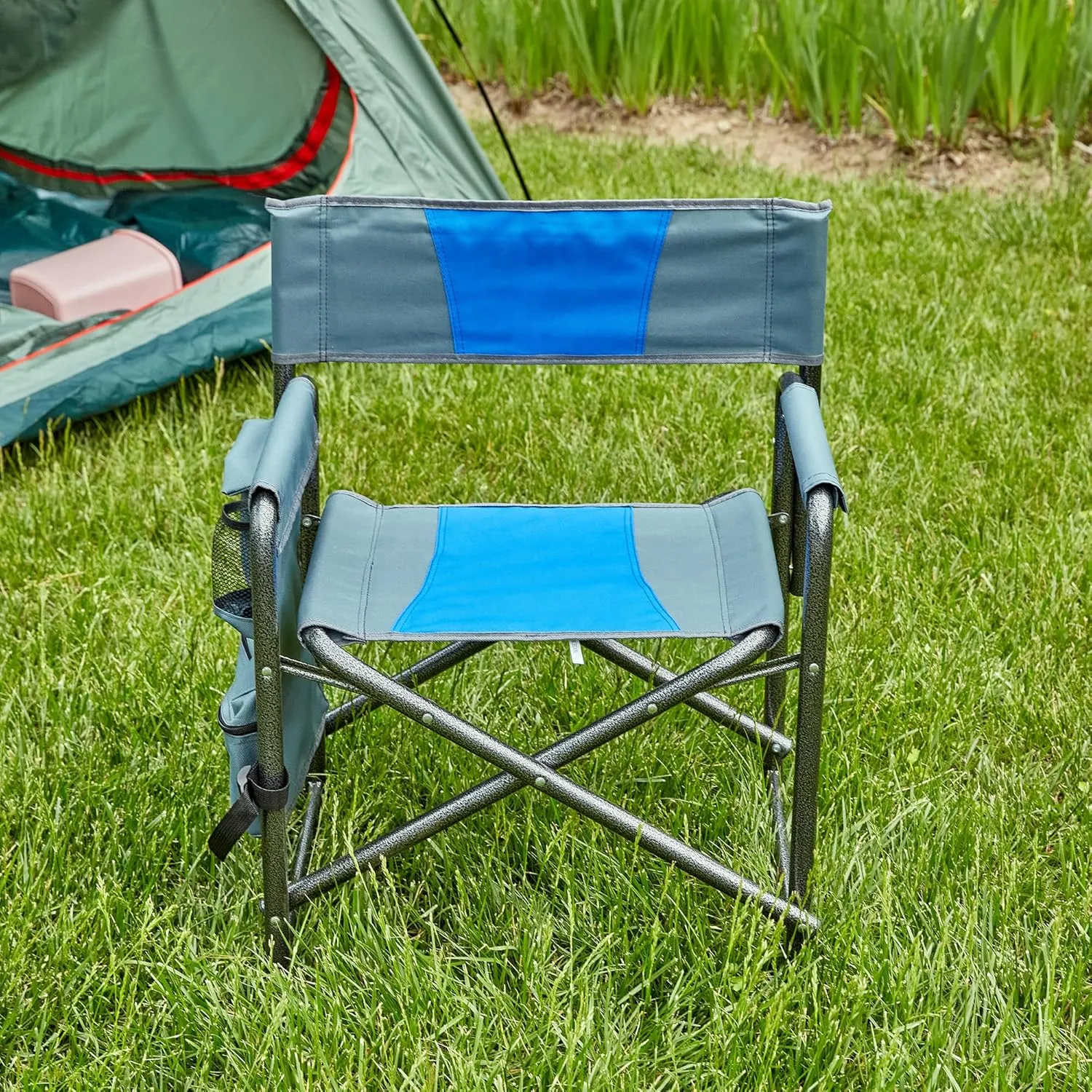 Lightweight Oversized Folding Chair for Comfort and Relaxation, Padded with Storage Pocket, for Camping and Picnics, Blue/Grey