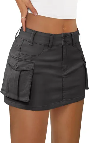 LILLUSORY Women Cargo Mini Skirt Denim Jean Dress with Pocket