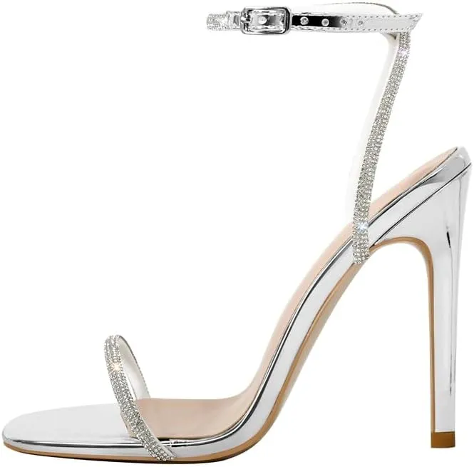 LISHAN Women's Ankle Buckle Diamonds Studded Straps High Heels