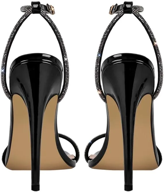 LISHAN Women's Ankle Buckle Diamonds Studded Straps High Heels