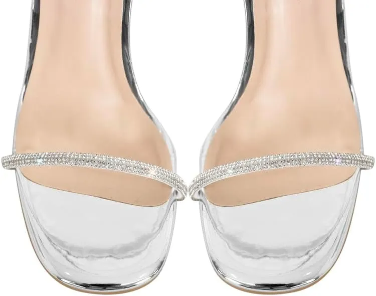 LISHAN Women's Ankle Buckle Diamonds Studded Straps High Heels