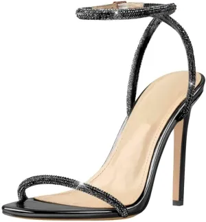 LISHAN Women's Ankle Buckle Diamonds Studded Straps High Heels