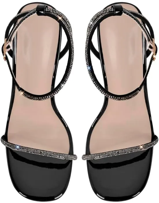 LISHAN Women's Ankle Buckle Diamonds Studded Straps High Heels
