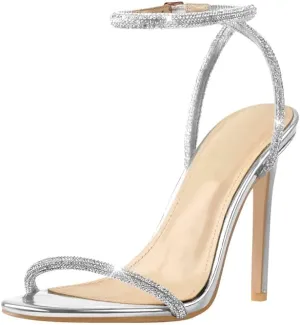 LISHAN Women's Ankle Buckle Diamonds Studded Straps High Heels