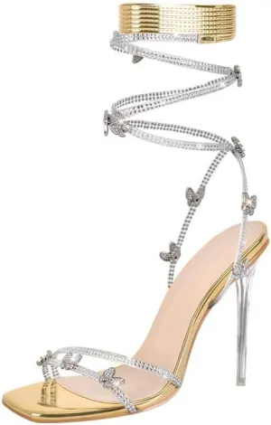 LISHAN Women's Rhinestones Studded Gladiator Lace Up Clear High Heels