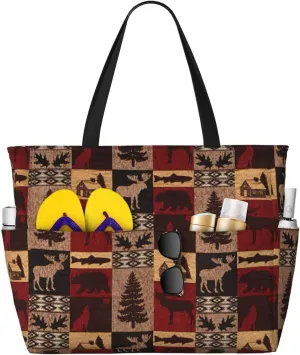Lodge Bear Deer Fish Print Large Tote Bag For Women, Travel Shoulder Bag Handle Handbag For Gym, Work, Travel