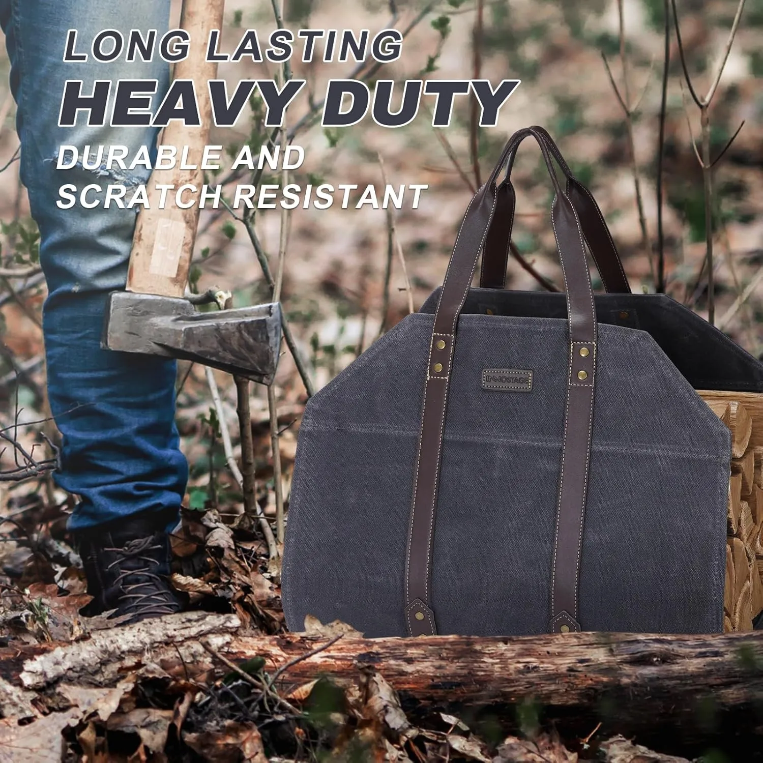Log Carrier|Waxed Canvas Log Holder|Firewood Carrier Tote Bag|Fireplace Wood Stove Accessories-Grey