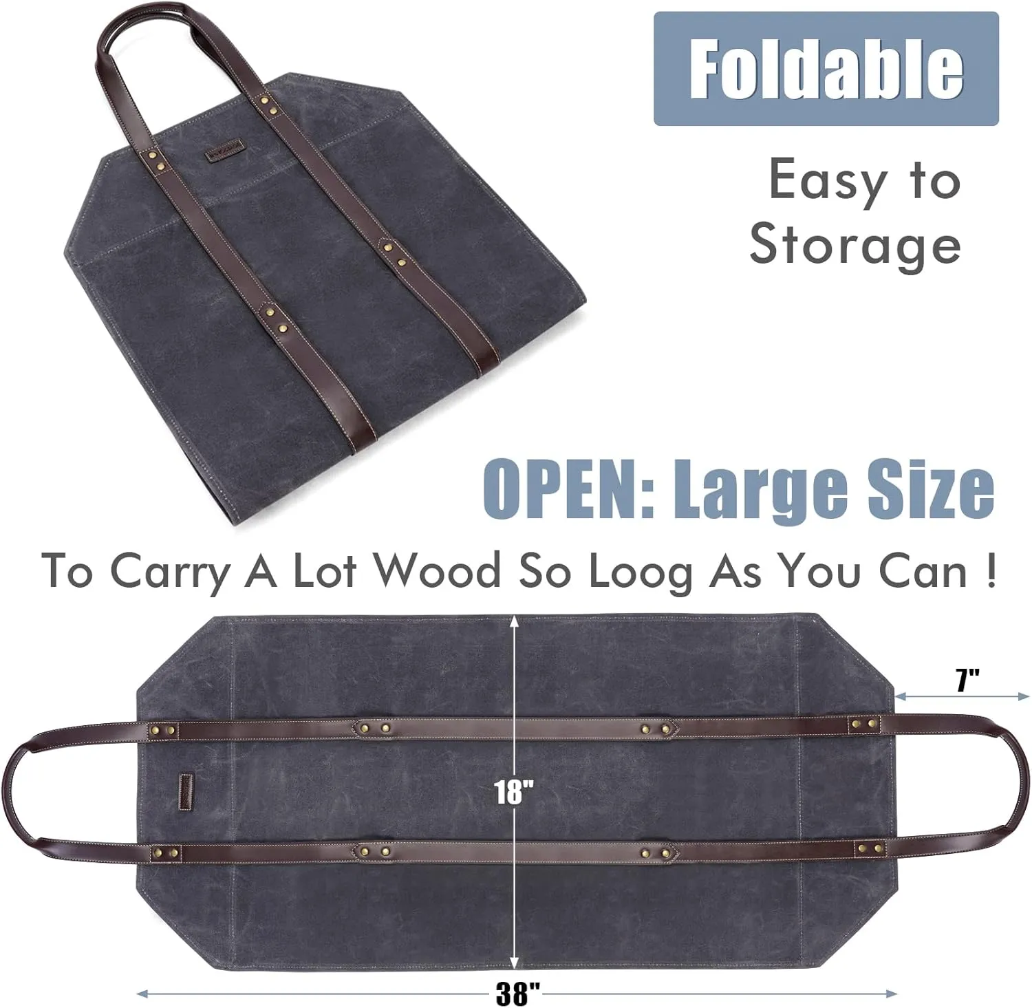 Log Carrier|Waxed Canvas Log Holder|Firewood Carrier Tote Bag|Fireplace Wood Stove Accessories-Grey