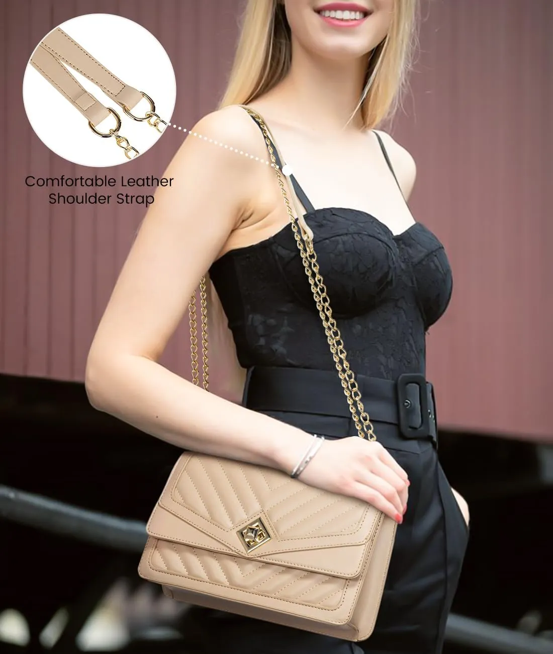 LOVEVOOK Crossbody Bags for Women Leather Quilted Shoulder Bag with Chain Strap Trendy Clutch Satchel Ladies Evening Bag