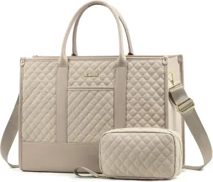 LOVEVOOK Laptop Bags for Women, 15.6 inch Waterproof Work Tote Bag with Clutch, Professional Teacher Computer Purse Lightweight Shoulder Bag Travel, Beige