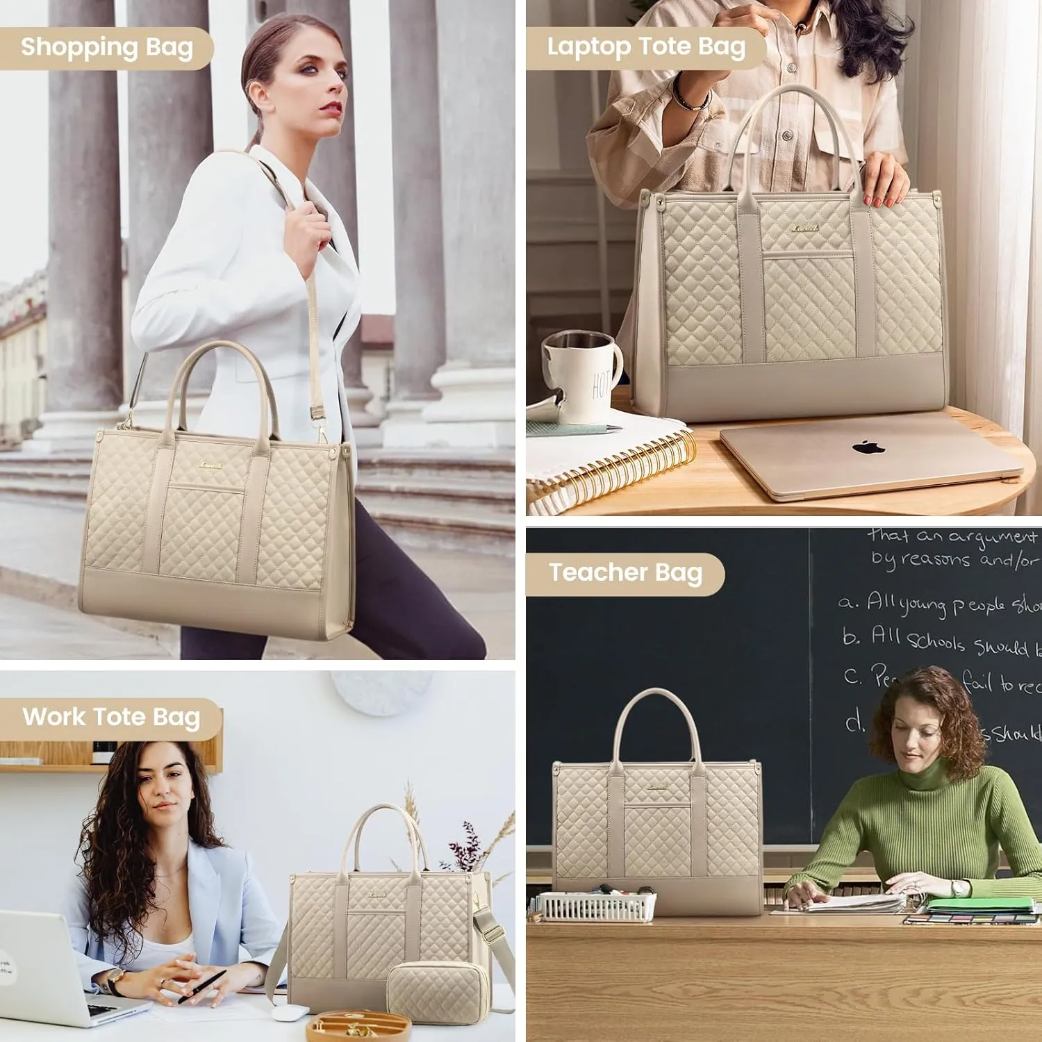 LOVEVOOK Laptop Bags for Women, 15.6 inch Waterproof Work Tote Bag with Clutch, Professional Teacher Computer Purse Lightweight Shoulder Bag Travel, Beige