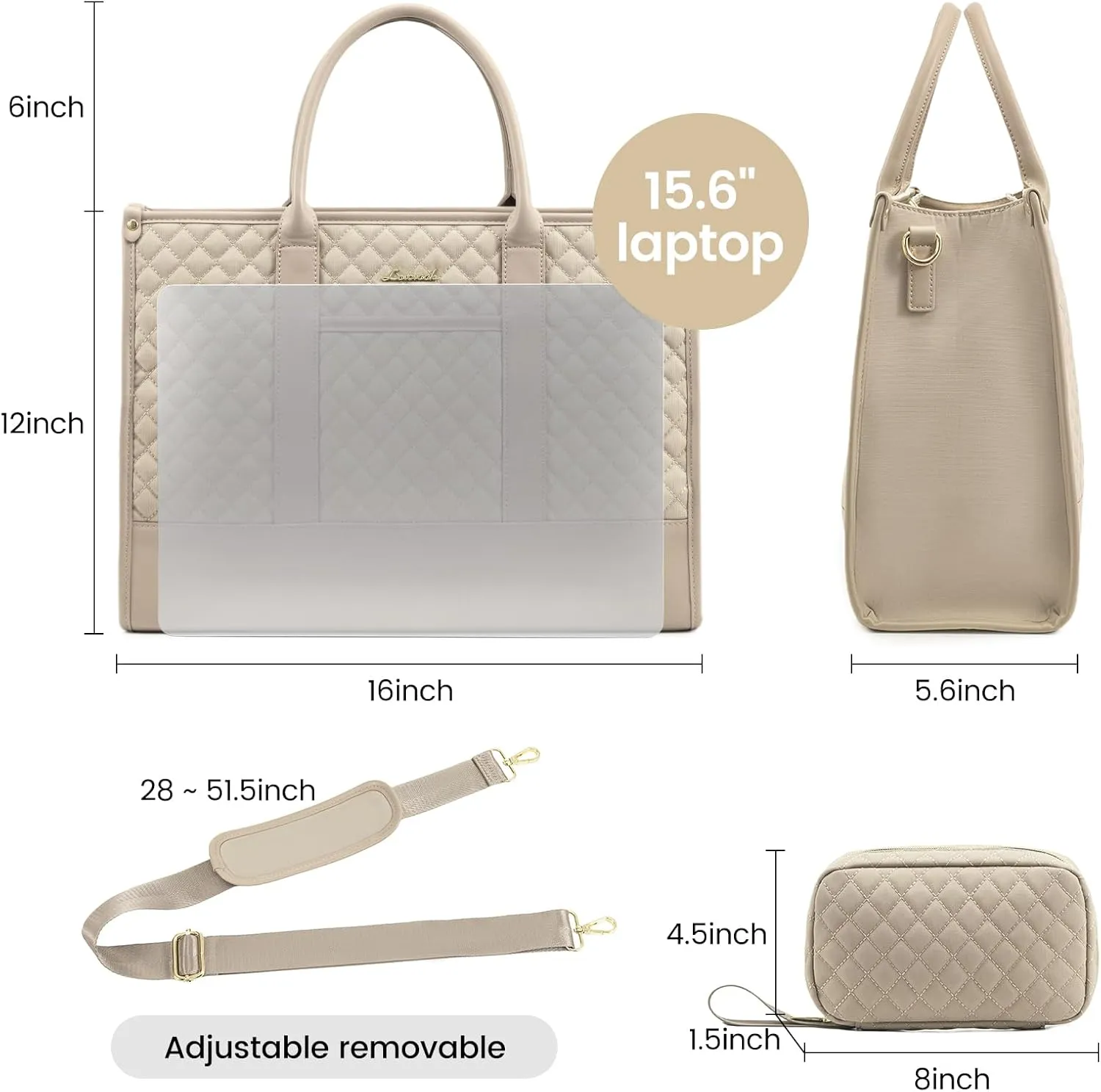LOVEVOOK Laptop Bags for Women, 15.6 inch Waterproof Work Tote Bag with Clutch, Professional Teacher Computer Purse Lightweight Shoulder Bag Travel, Beige