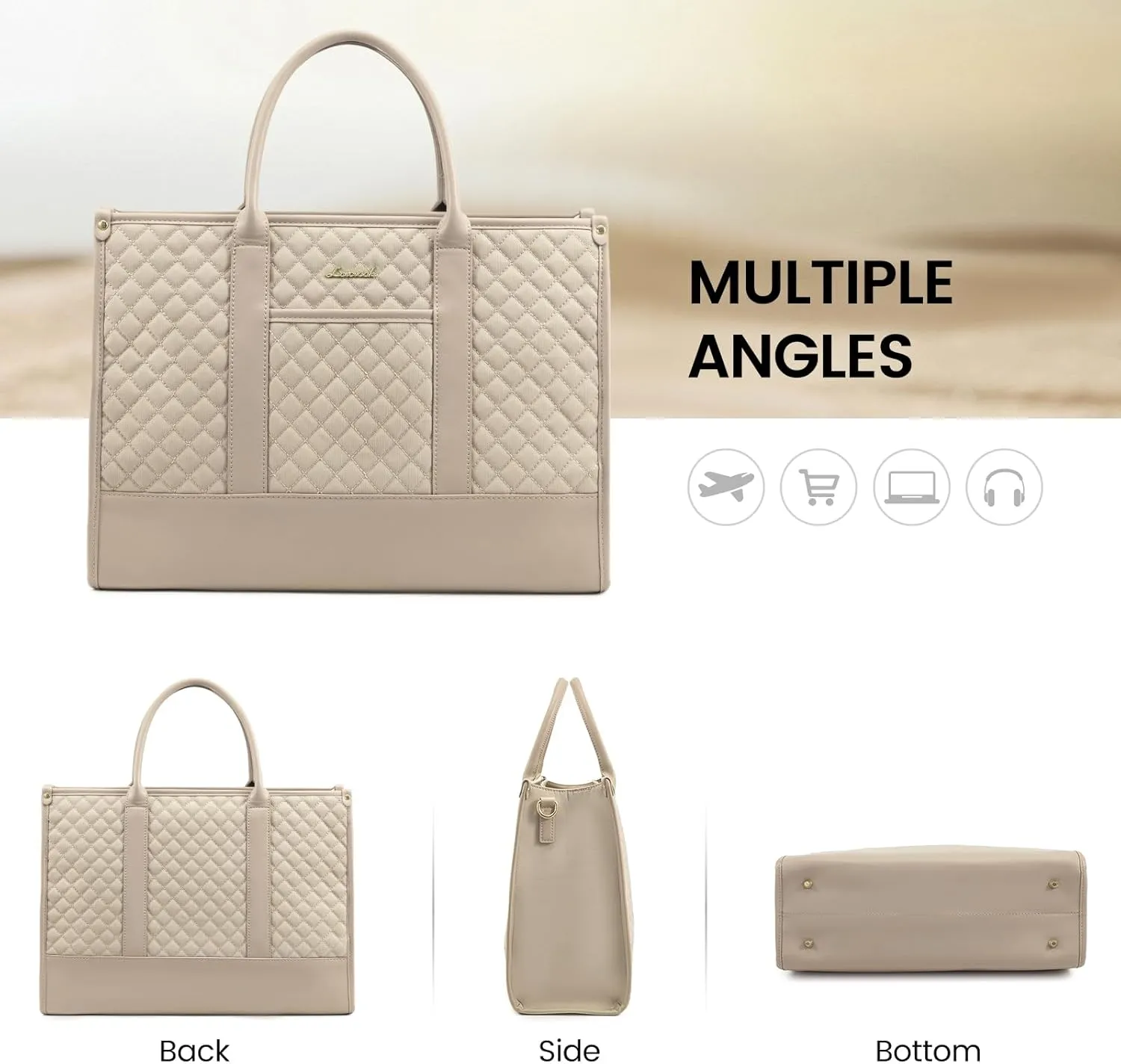 LOVEVOOK Laptop Bags for Women, 15.6 inch Waterproof Work Tote Bag with Clutch, Professional Teacher Computer Purse Lightweight Shoulder Bag Travel, Beige