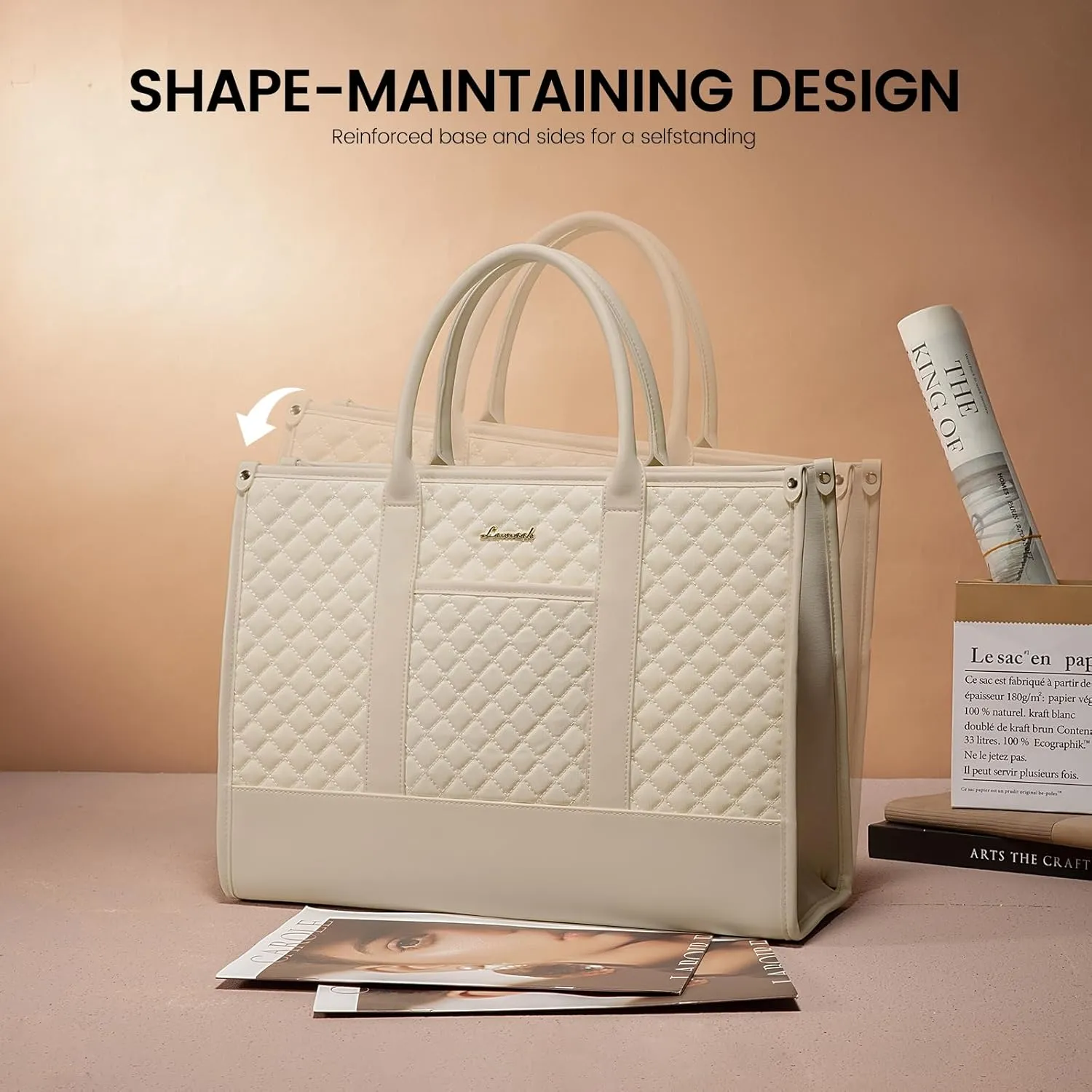 LOVEVOOK Laptop Bags for Women, 15.6 inch Waterproof Work Tote Bag with Clutch, Professional Teacher Computer Purse Lightweight Shoulder Bag Travel, Beige