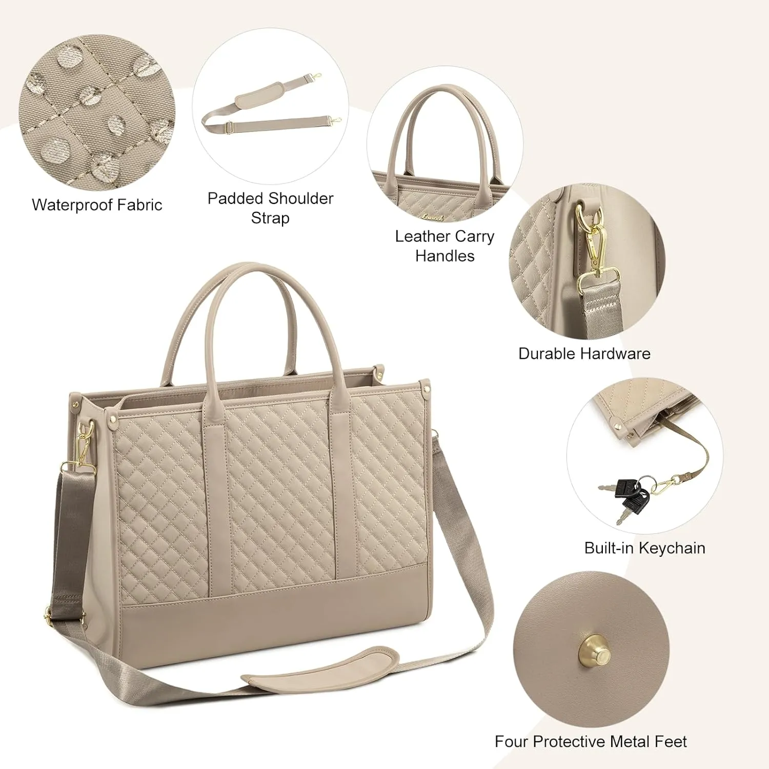 LOVEVOOK Laptop Bags for Women, 15.6 inch Waterproof Work Tote Bag with Clutch, Professional Teacher Computer Purse Lightweight Shoulder Bag Travel, Beige