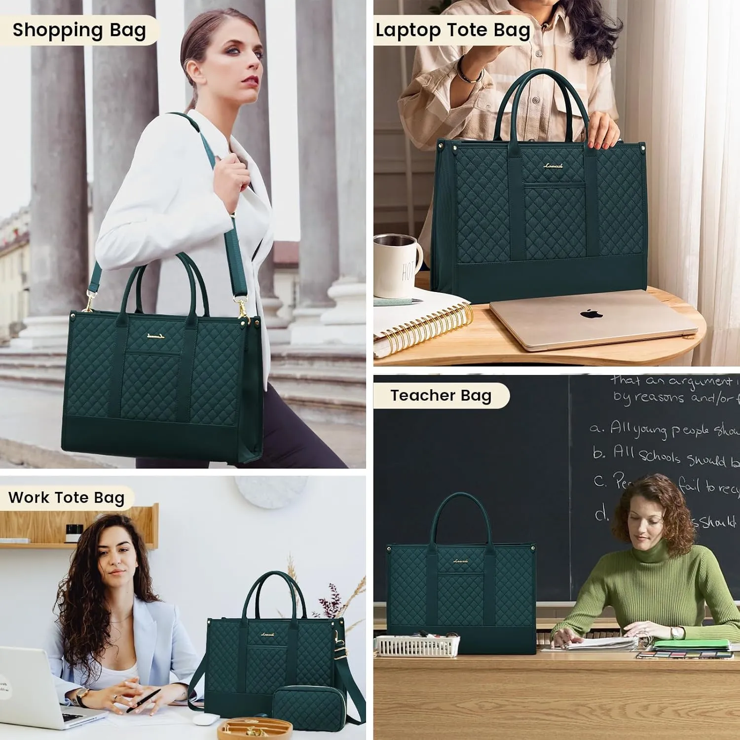 LOVEVOOK Laptop Bags for Women, 15.6 inch Waterproof Work Tote Bag with Clutch, Professional Teacher Computer Purse Lightweight Shoulder Bag Travel, green