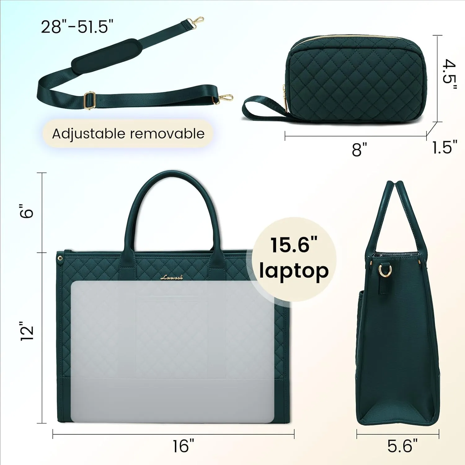 LOVEVOOK Laptop Bags for Women, 15.6 inch Waterproof Work Tote Bag with Clutch, Professional Teacher Computer Purse Lightweight Shoulder Bag Travel, green