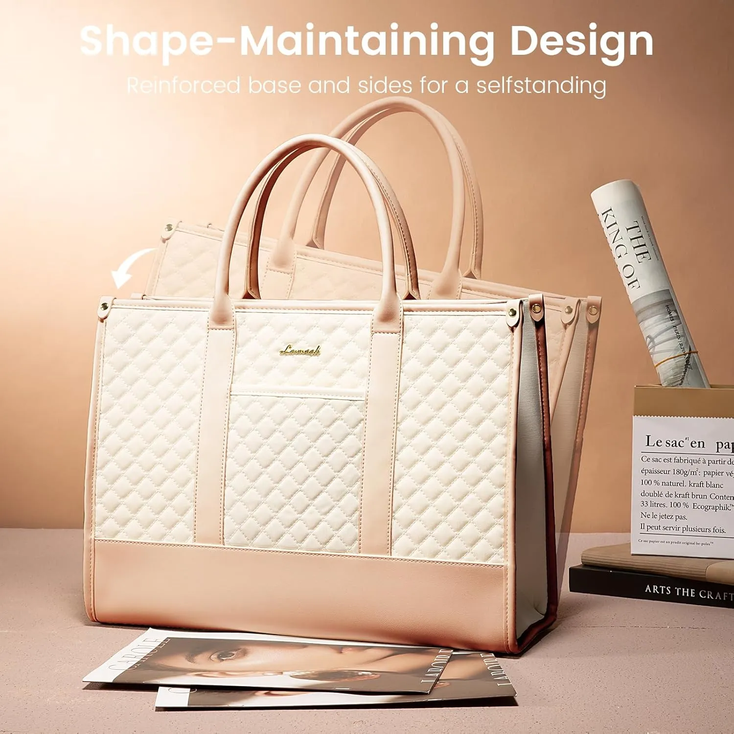 LOVEVOOK Laptop Bags for Women, 15.6 inch Waterproof Work Tote Bag with Clutch, Professional Teacher Computer Purse Lightweight Shoulder Bag Travel, Quilted Beige & Brown