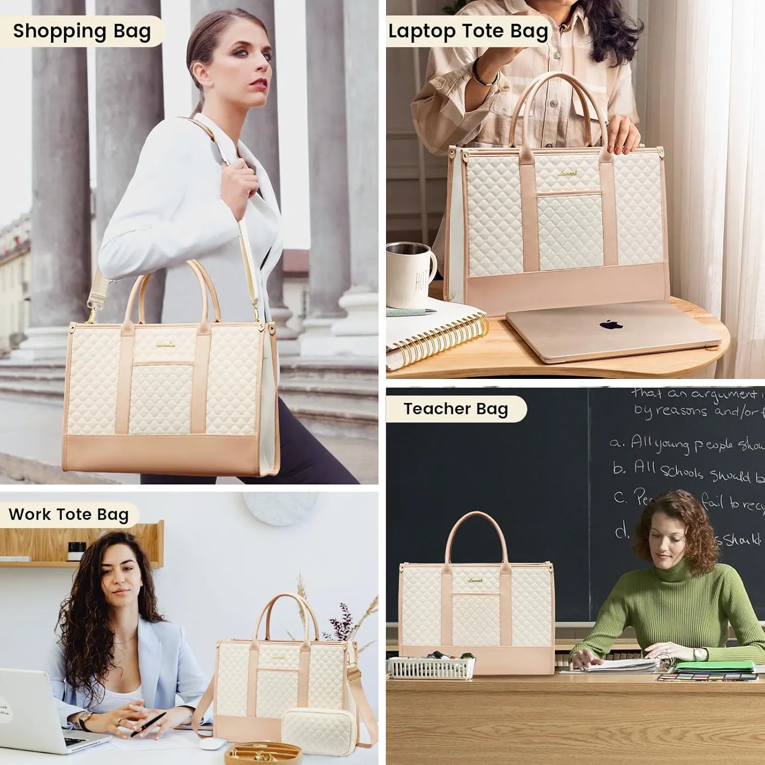 LOVEVOOK Laptop Bags for Women, 15.6 inch Waterproof Work Tote Bag with Clutch, Professional Teacher Computer Purse Lightweight Shoulder Bag Travel, Quilted Beige & Brown