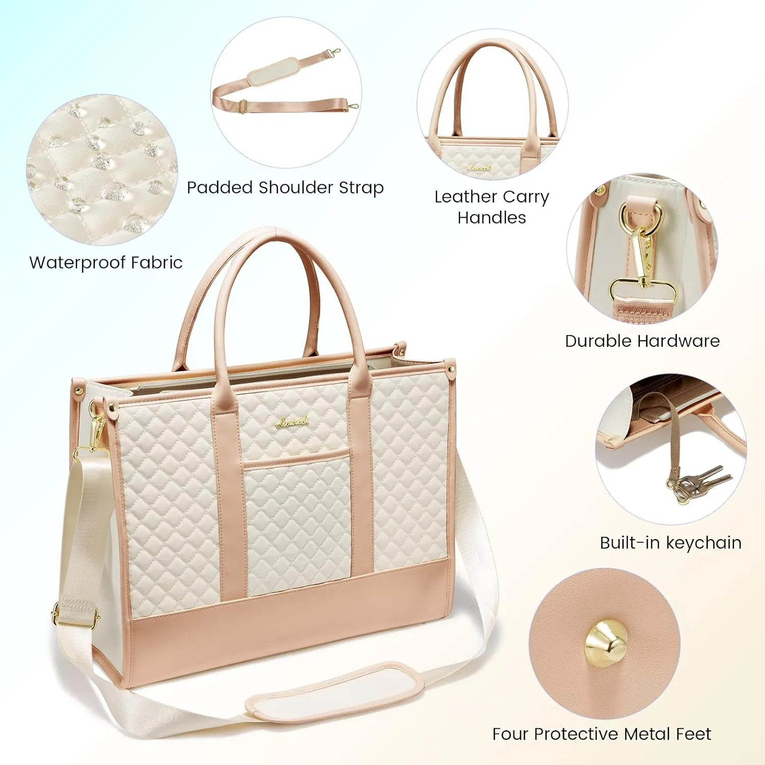 LOVEVOOK Laptop Bags for Women, 15.6 inch Waterproof Work Tote Bag with Clutch, Professional Teacher Computer Purse Lightweight Shoulder Bag Travel, Quilted Beige & Brown