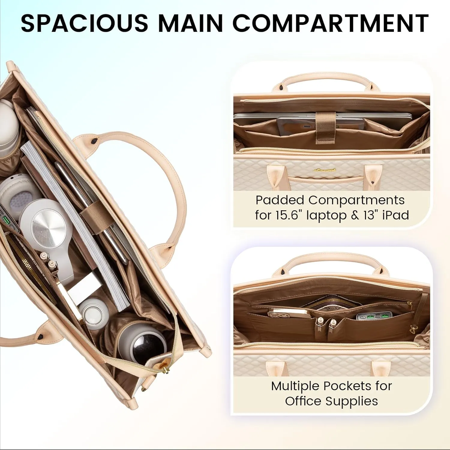 LOVEVOOK Laptop Bags for Women, 15.6 inch Waterproof Work Tote Bag with Clutch, Professional Teacher Computer Purse Lightweight Shoulder Bag Travel, Quilted Beige & Brown