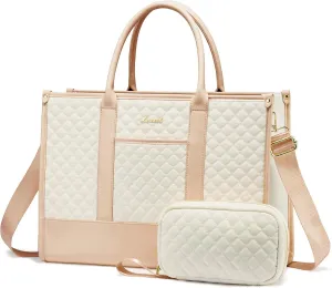 LOVEVOOK Laptop Bags for Women, 15.6 inch Waterproof Work Tote Bag with Clutch, Professional Teacher Computer Purse Lightweight Shoulder Bag Travel, Quilted Beige & Brown