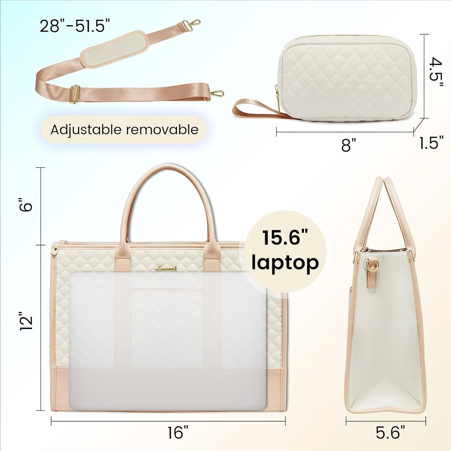 LOVEVOOK Laptop Bags for Women, 15.6 inch Waterproof Work Tote Bag with Clutch, Professional Teacher Computer Purse Lightweight Shoulder Bag Travel, Quilted Beige & Brown