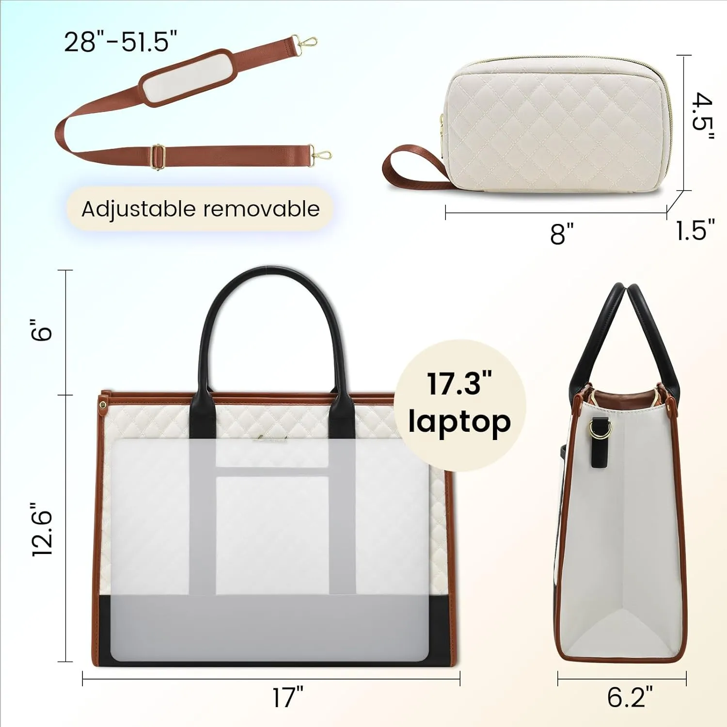 LOVEVOOK Laptop Bags for Women, 17 inch Waterproof Work Tote Bag with Clutch, Professional Teacher Computer Purse Lightweight Shoulder Bag Travel, Black White Brown