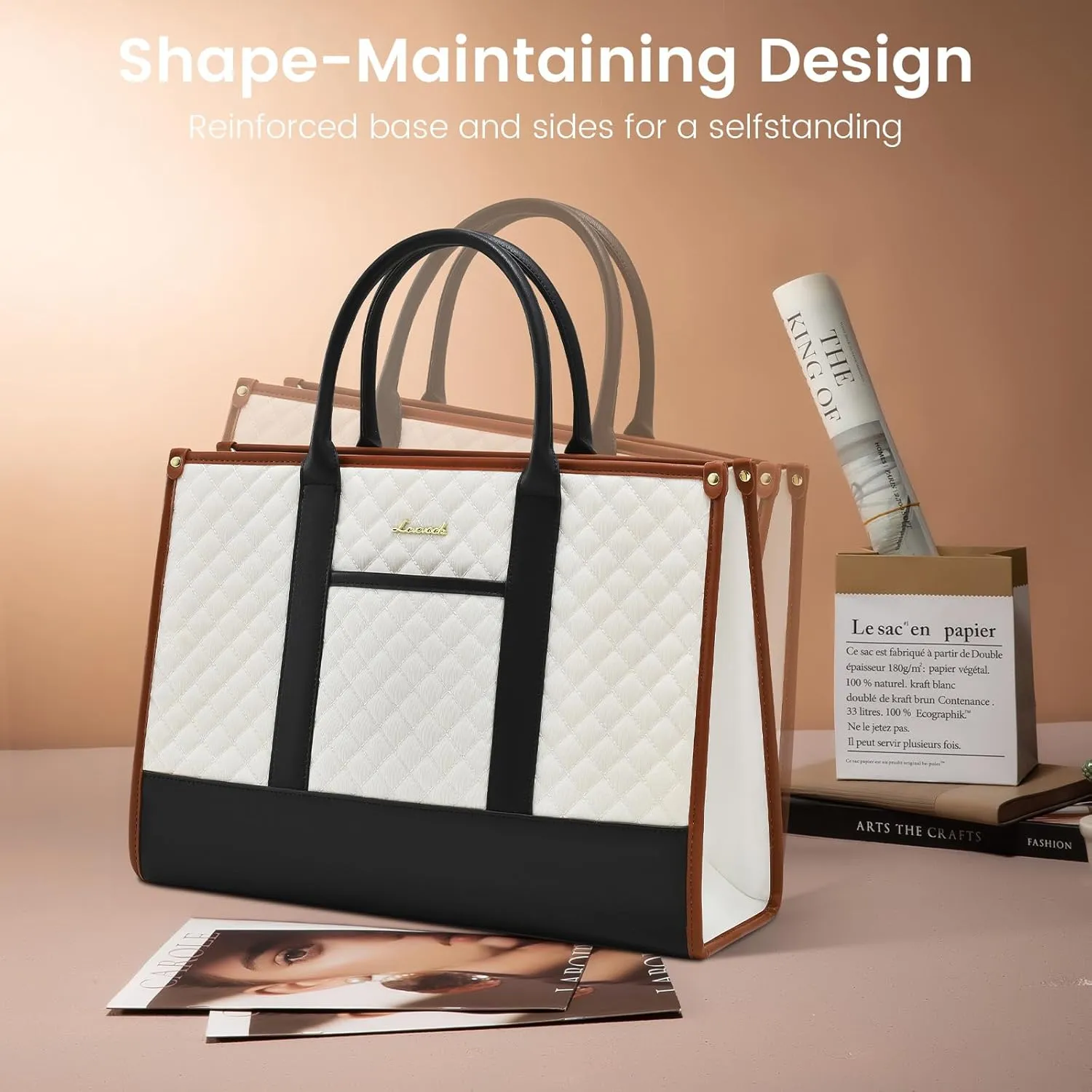 LOVEVOOK Laptop Bags for Women, 17 inch Waterproof Work Tote Bag with Clutch, Professional Teacher Computer Purse Lightweight Shoulder Bag Travel, Black White Brown