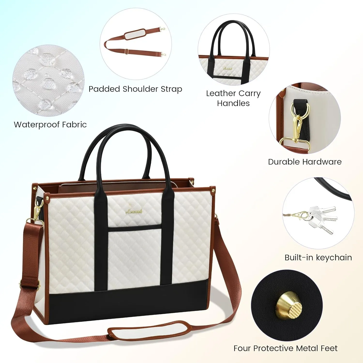 LOVEVOOK Laptop Bags for Women, 17 inch Waterproof Work Tote Bag with Clutch, Professional Teacher Computer Purse Lightweight Shoulder Bag Travel, Black White Brown
