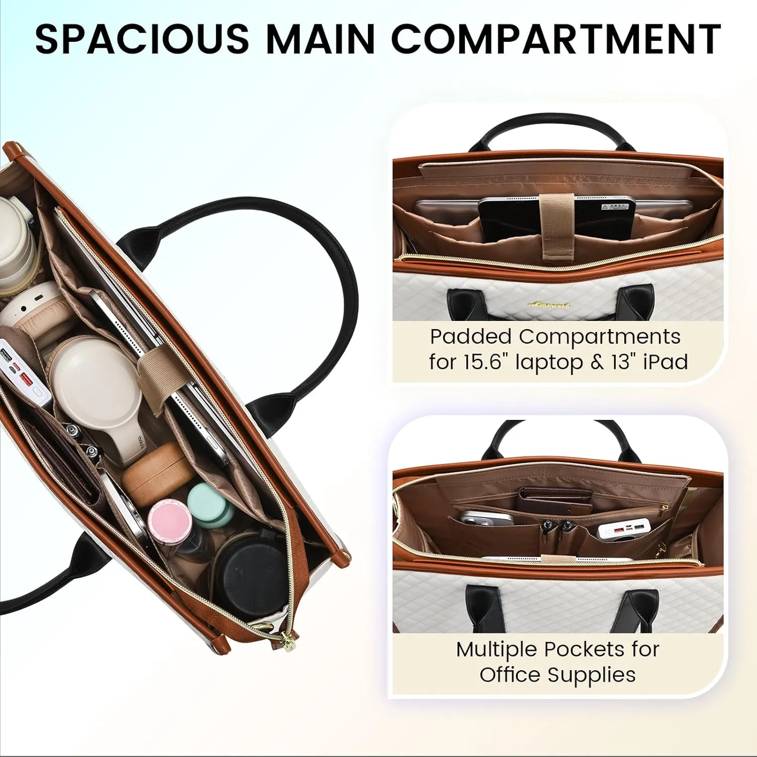 LOVEVOOK Laptop Bags for Women, 17 inch Waterproof Work Tote Bag with Clutch, Professional Teacher Computer Purse Lightweight Shoulder Bag Travel, Black White Brown