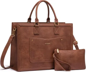 LOVEVOOK Laptop Tote Bag for Women, 15.6 Inch Work Bags, Vintage Leather Tote Bag, Waterproof Computer Bags with Clutch Purse, Large Capacity Messenger Bag for Teacher College Business Office