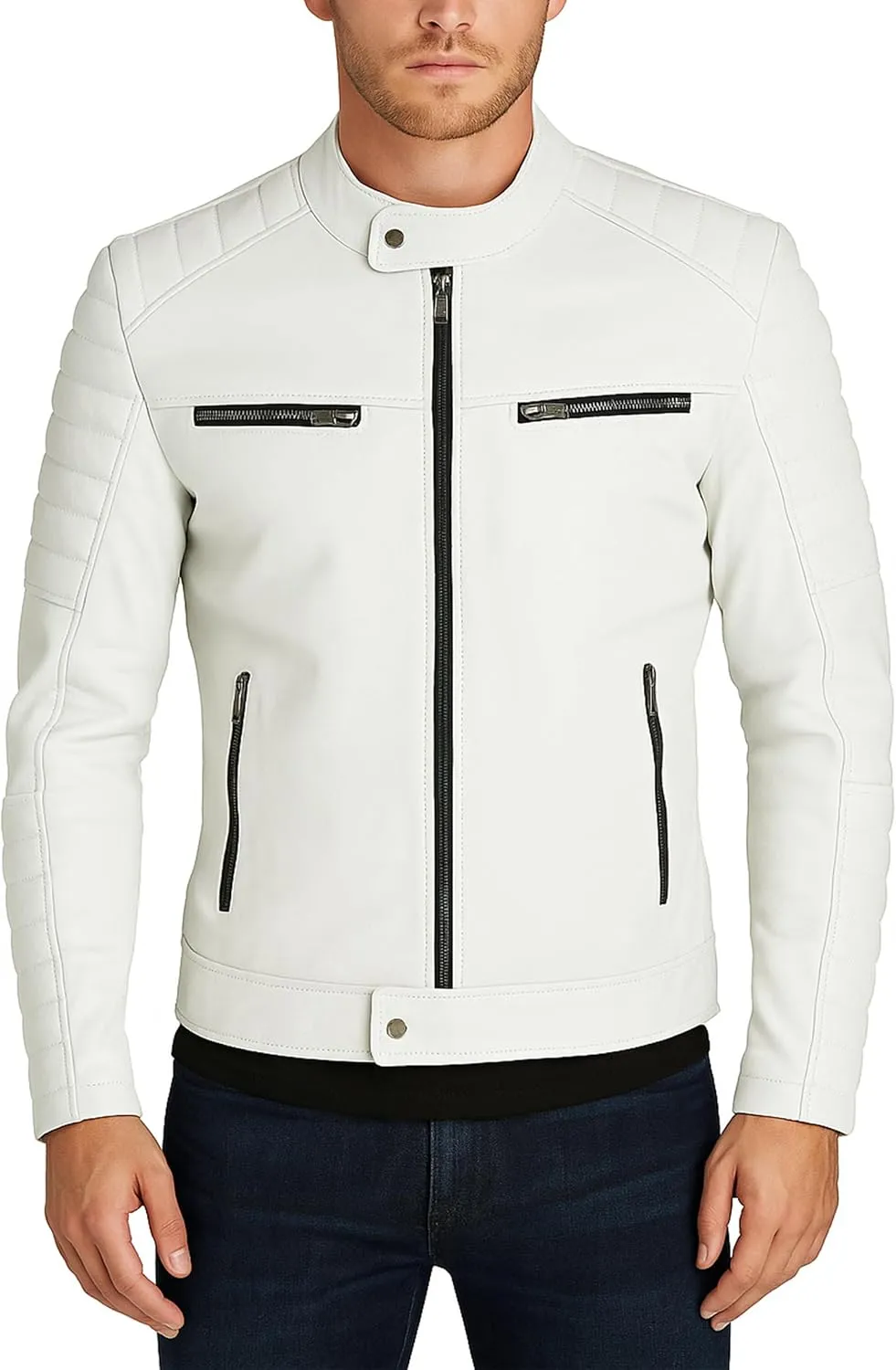 LP-FACON Mens White Leather Jacket - Motorcycle Biker Style Casual Fashion Jacket Outerwear
