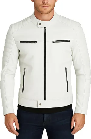 LP-FACON Mens White Leather Jacket - Motorcycle Biker Style Casual Fashion Jacket Outerwear