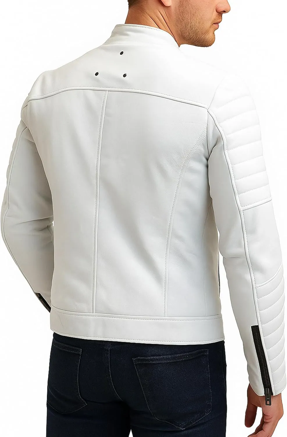 LP-FACON Mens White Leather Jacket - Motorcycle Biker Style Casual Fashion Jacket Outerwear