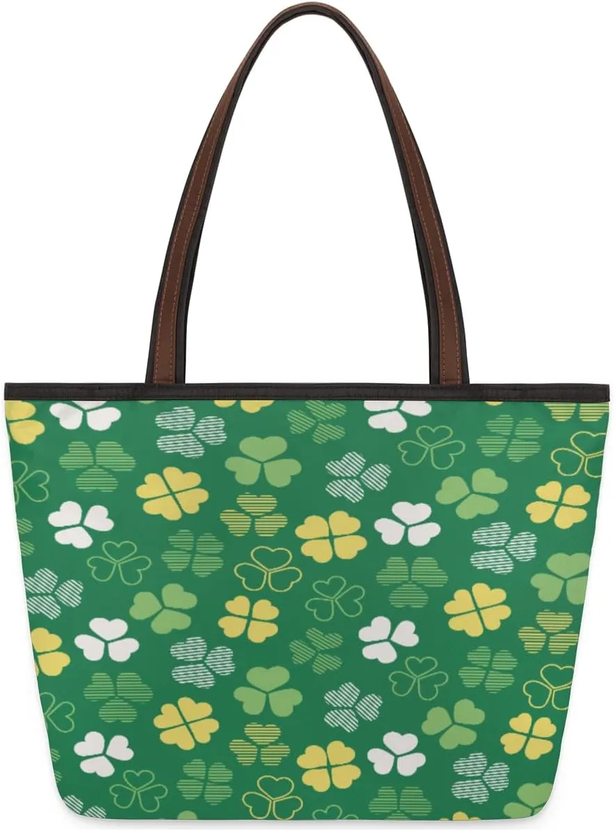 Luck Four Leaf Clover Pattern Tote Bag Tote Purse for Women with Zipper Womens Handbags for Work Travel