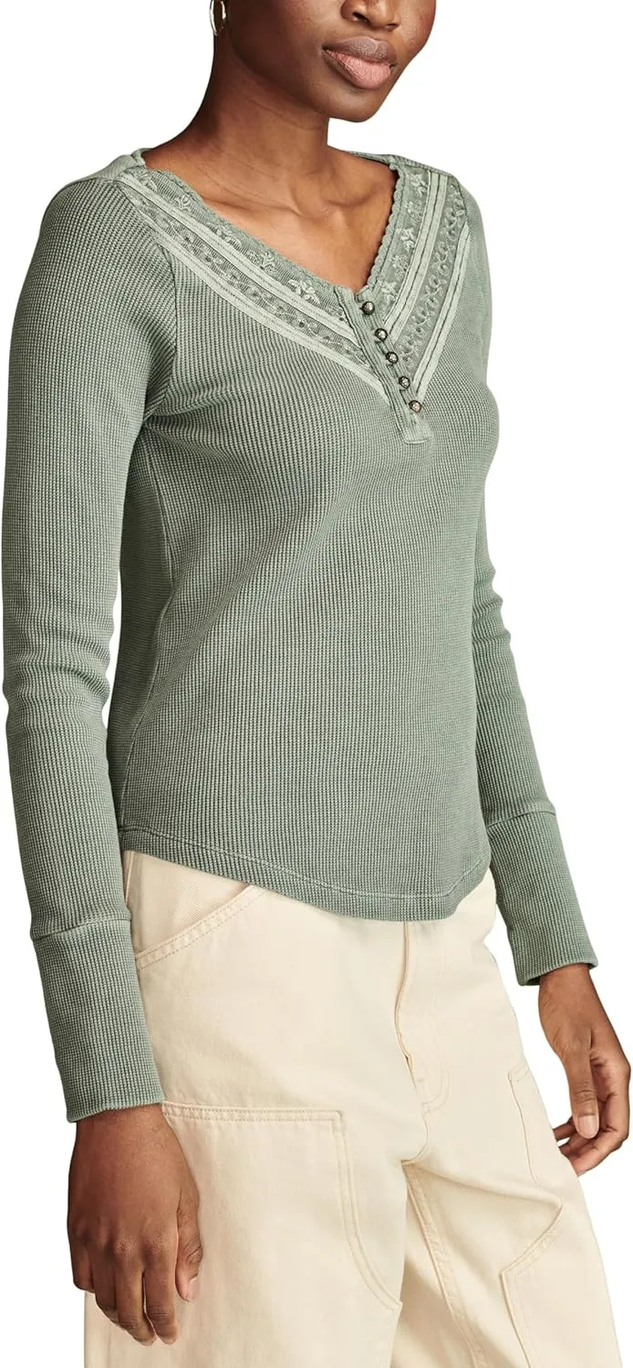 Lucky Brand Women's Embroidered Mesh Yoke Henley
