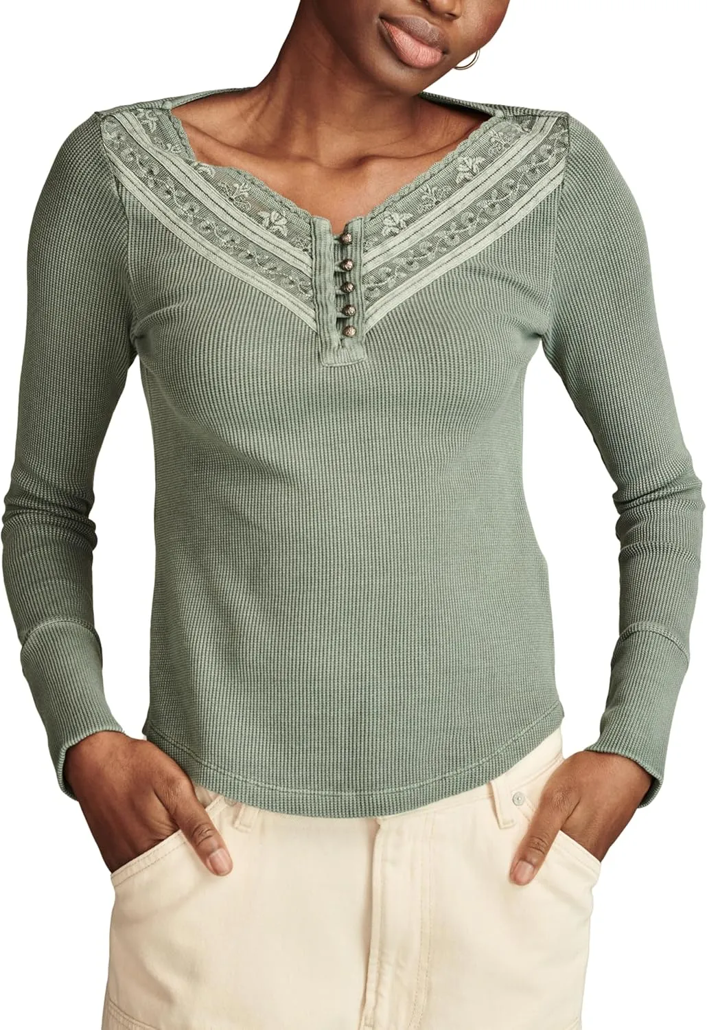 Lucky Brand Women's Embroidered Mesh Yoke Henley