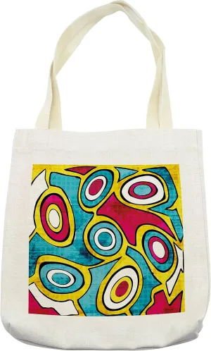 Lunarable Modern Tote Bag, Abstract Geometric Funky Groovy Uneven Circles and Waves in Vibrant Colors, Cloth Linen Reusable Bag for Shopping Books Beach and More, 16.5" X 14", Cream