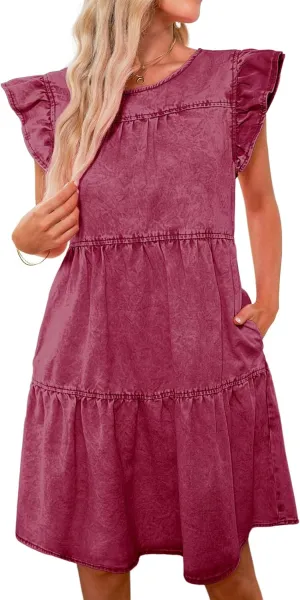 luvamia 2025 Denim Dress for Women Summer Babydoll Sleeveless Ruffle Sleeve Mini Dresses Loose Flowy Swing Pleated Dress