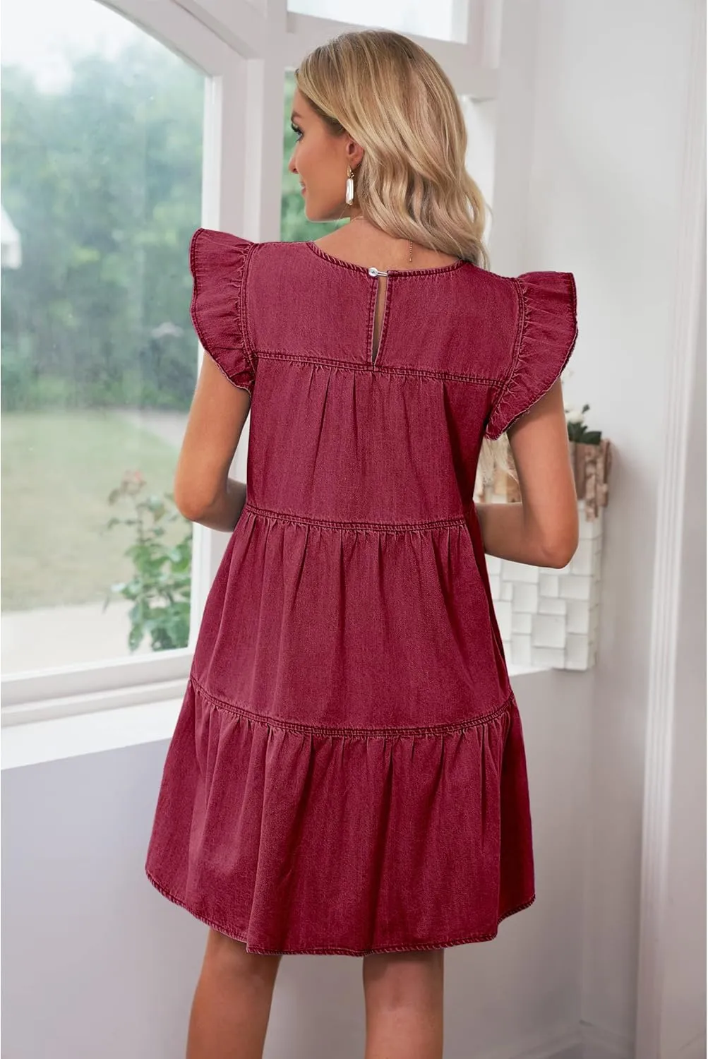 luvamia 2025 Denim Dress for Women Summer Babydoll Sleeveless Ruffle Sleeve Mini Dresses Loose Flowy Swing Pleated Dress