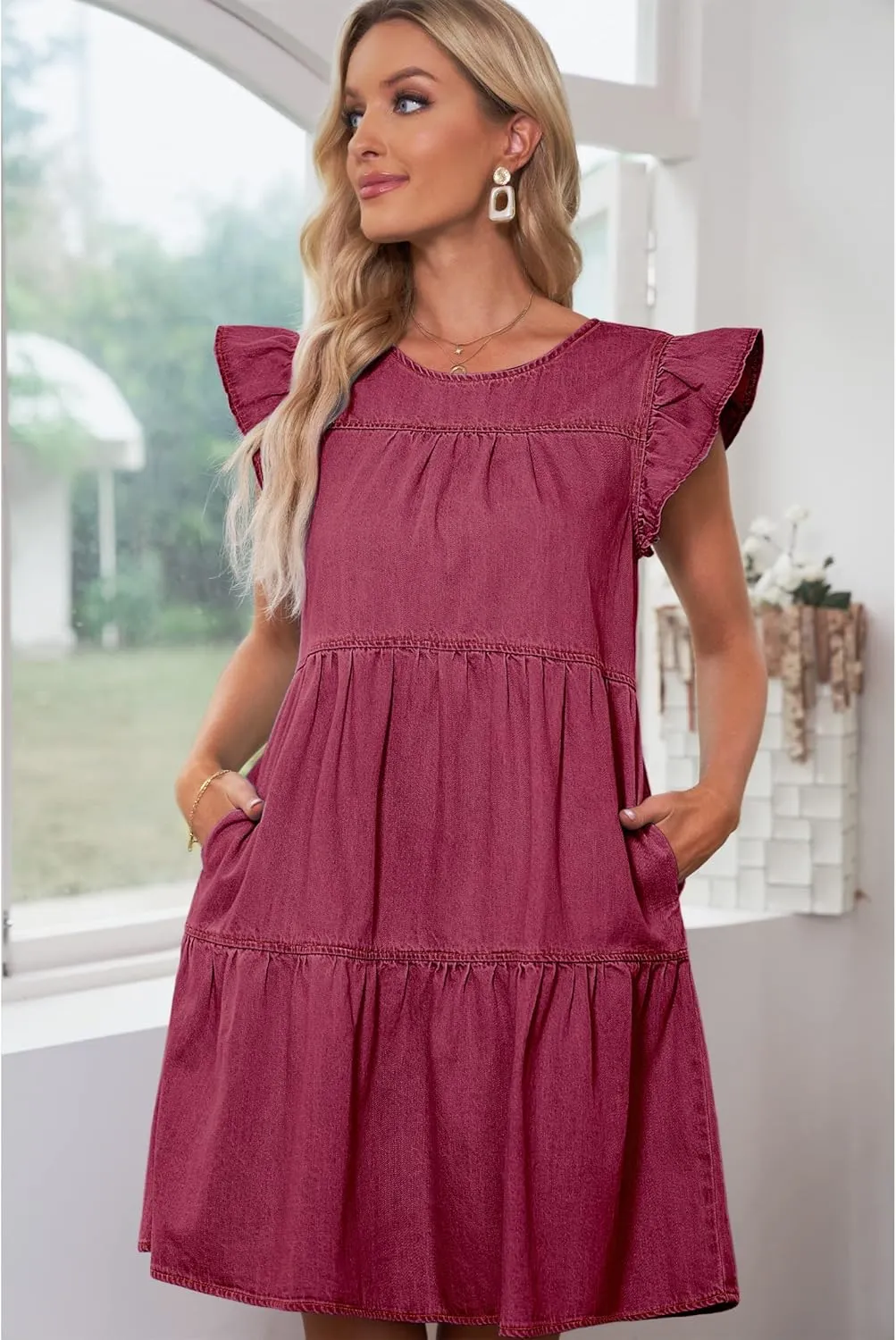 luvamia 2025 Denim Dress for Women Summer Babydoll Sleeveless Ruffle Sleeve Mini Dresses Loose Flowy Swing Pleated Dress