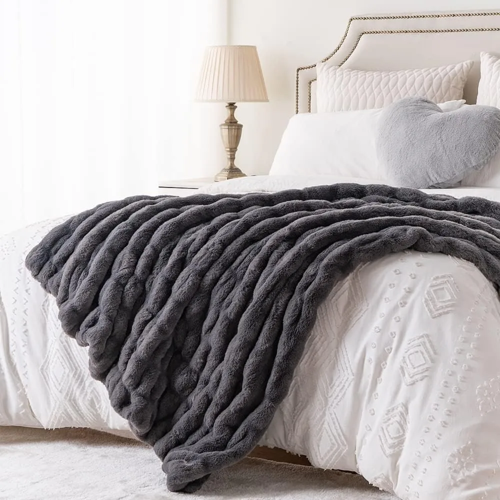 Luxury Concepts Soft Faux Rabbit Fur Throw Blanket - 50" x 60", Elegant Ruched Design Blanket, Machine Washable and Wrinkle Resistant, Lightweight Dark Grey Throw Blanket for Couch, Sofa and Bed