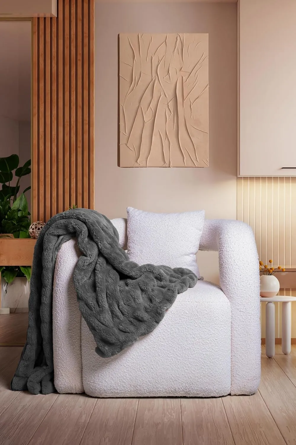 Luxury Concepts Soft Faux Rabbit Fur Throw Blanket - 50" x 60", Elegant Ruched Design Blanket, Machine Washable and Wrinkle Resistant, Lightweight Dark Grey Throw Blanket for Couch, Sofa and Bed