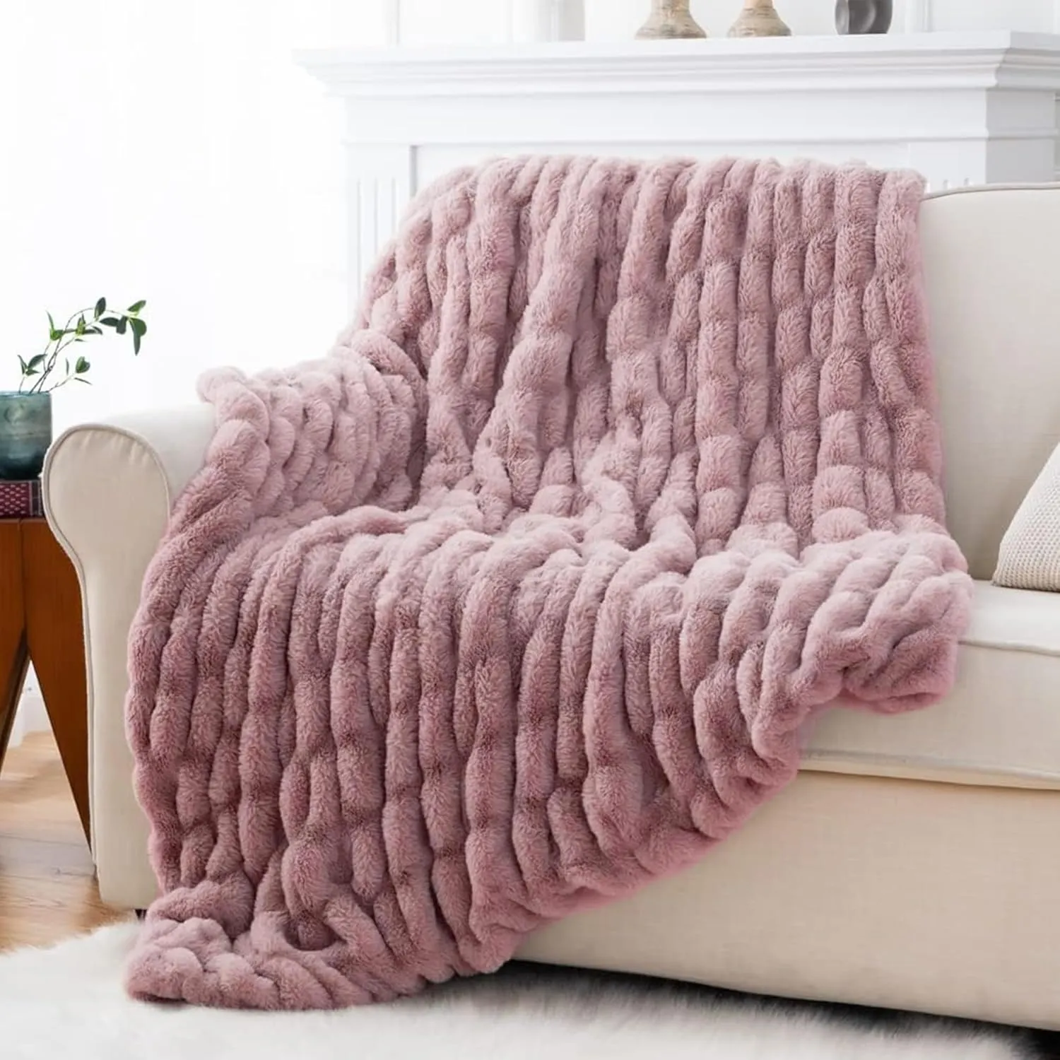 Luxury Concepts Soft Faux Rabbit Fur Throw Blanket - 50" x 60", Elegant Ruched Design Blanket, Machine Washable and Wrinkle Resistant, Lightweight Pink Throw Blanket for Couch, Sofa and Bed