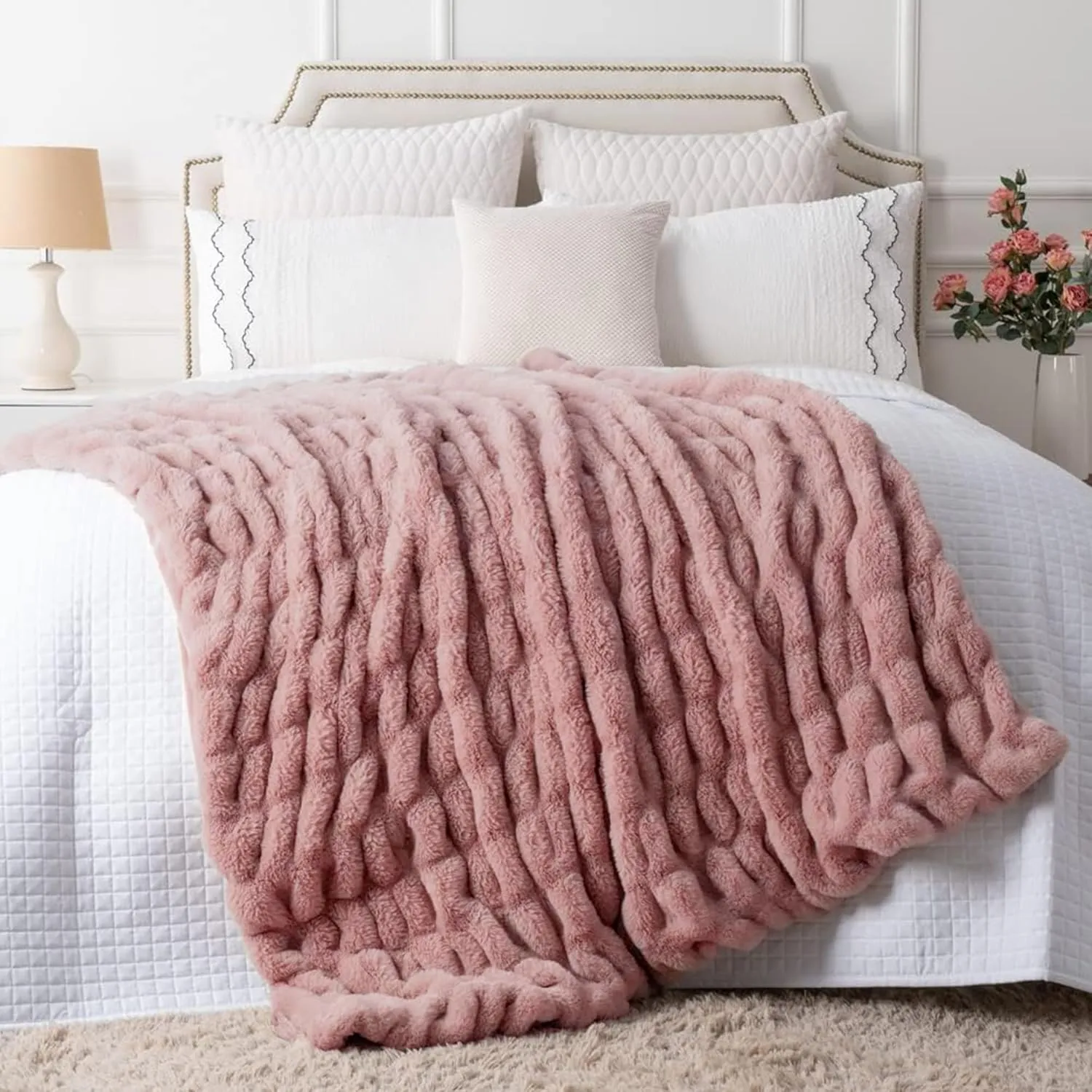 Luxury Concepts Soft Faux Rabbit Fur Throw Blanket - 50" x 60", Elegant Ruched Design Blanket, Machine Washable and Wrinkle Resistant, Lightweight Pink Throw Blanket for Couch, Sofa and Bed