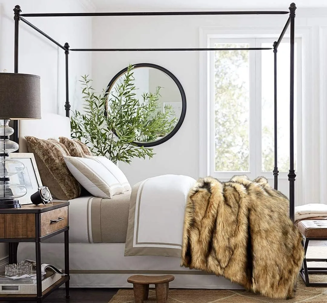 Luxury Plush Faux Fur Throw Blanket, Long Pile Golden Yellow with Black Tipped Blanket, Super Warm, Fuzzy, Elegant, Fluffy Decoration Blanket Scarf for Sofa, Armchair, Couch and Bed, 60''x 80''