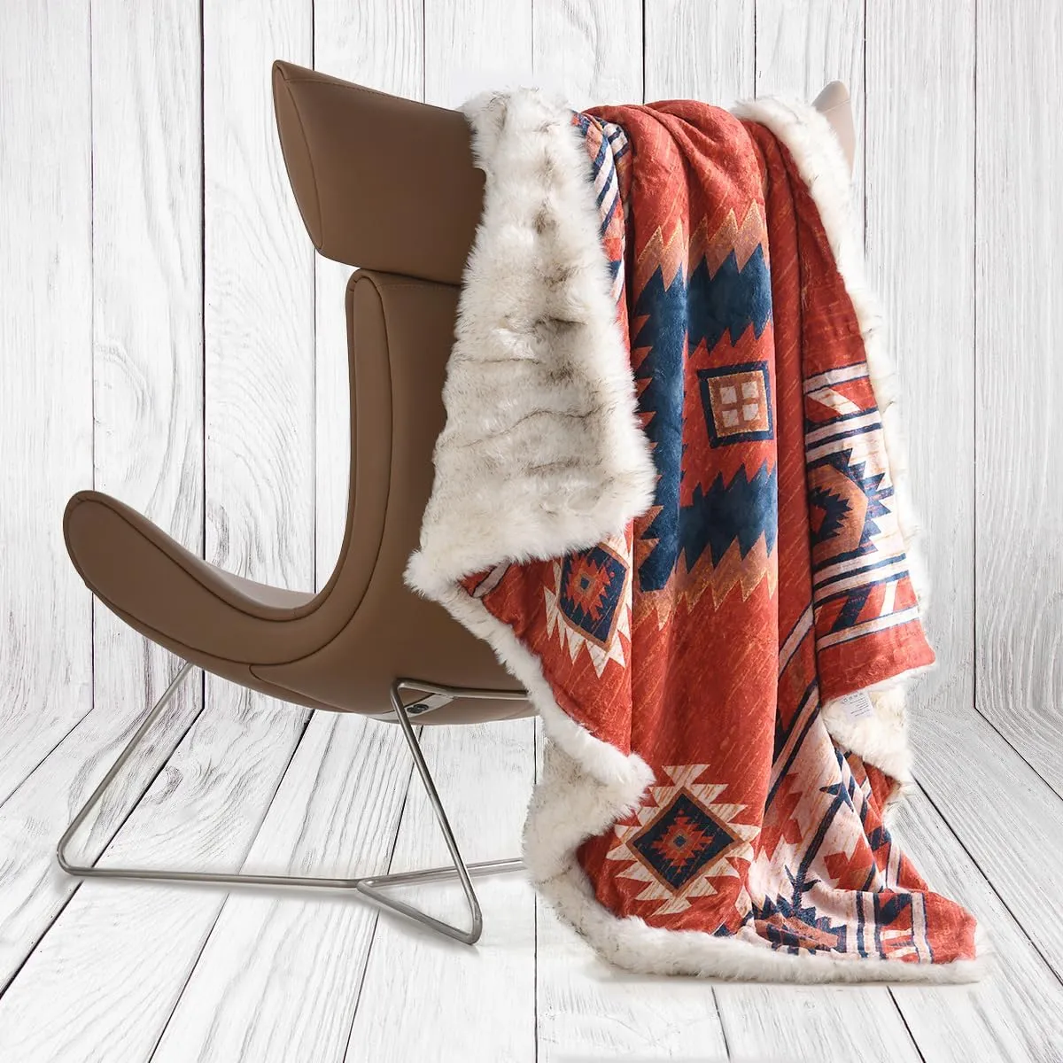 Luxury Plush Faux Fur Throw Blanket with Aztec Pattern, Super Warm, Fuzzy, Elegant, Fluffy Decoration Blanket for Couch, Armchair, Sofa and Bed, 50''x 60'', Red