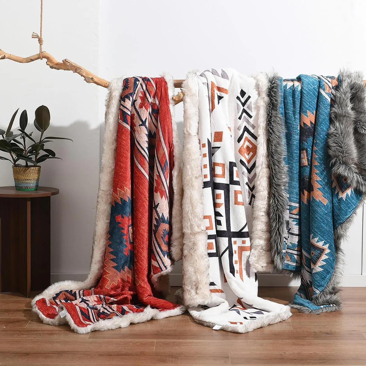 Luxury Plush Faux Fur Throw Blanket with Aztec Pattern, Super Warm, Fuzzy, Elegant, Fluffy Decoration Blanket for Couch, Armchair, Sofa and Bed, 50''x 60'', Red