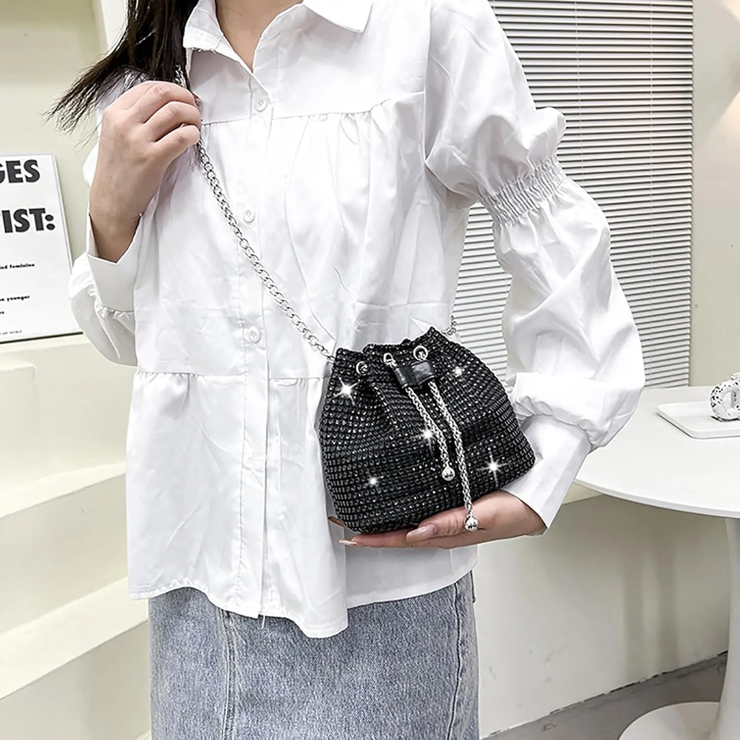 Luxury Rhinestone Bucket Bag Fashion Chain Shoulder Crossbody Bag For Women Personality Versatile Temperament Shoulder Bags